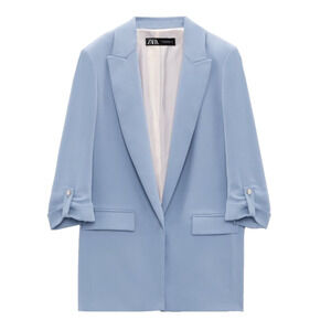 Zara‎ Womens Blue Oversized Open Front Single Breasted Classic Preppy Blazer SML